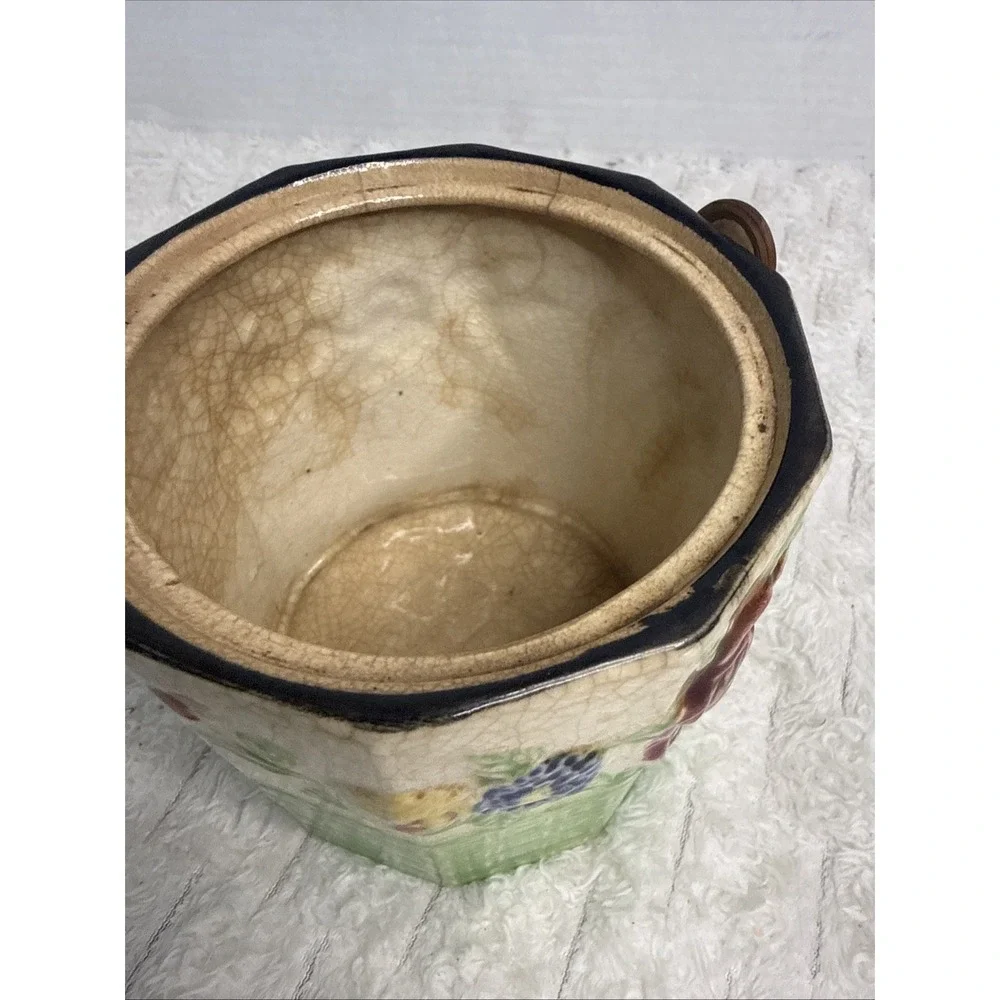 Vintage Handpainted Ceramic Cracker Biscuit Jar Rattan Basketweave Cottagecore